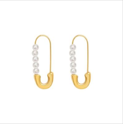 China 2021 TRENDY Factory Price 18K Gold Plated Safety Pin Pearl Earring Pearl Crystal Stone Fashion Jewelry for sale