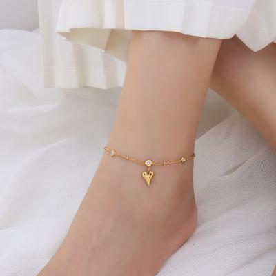 China New Design Stainless Steel Bead Chain Zircon Heart Charm Beach Anklet FASHION Anklets For Girls for sale