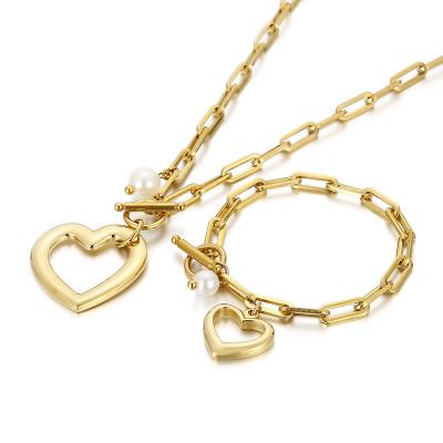 China TRENDY Women's 18k Gold Plating Bracelet Necklace Stainless Steel Heart Jewelry Set Silver Jewelry for sale