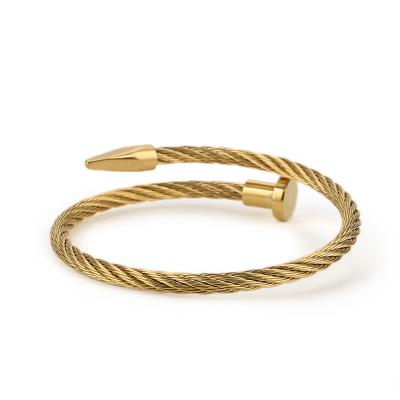 China Hot Trendy Hiphop Moge Men's Hip Hop Jewelry 4mm Gold Plated Black Stainless Steel Cable Stud Bracelet For Women for sale