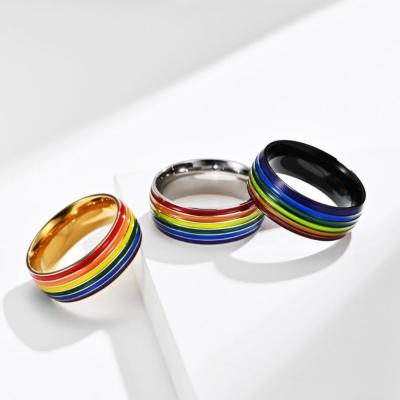 China CLASSIC Worry 18K Fashion Casual Ring Rainbow Ring Stripes Contrast Titanium Steel Ring for sale