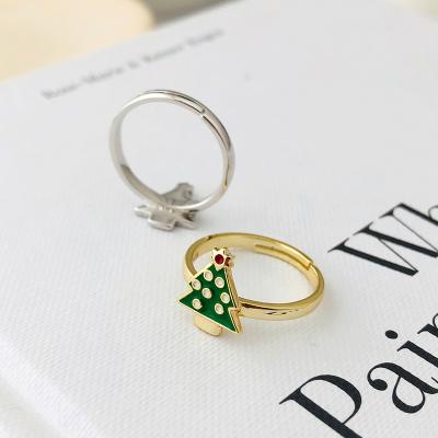 China Cute Moge Anillos Running White Gold Plated Green Enamel Christmas Tree Sterling Silver Ring Women Adjustable for sale