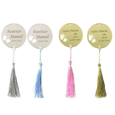 China Can Use For Gift Personalized Baby Name Acrylic Mirror Round Circle Tags Invitation Card Baby Shower Guest Favors Baptism Hangs With Tassels 6cm for sale