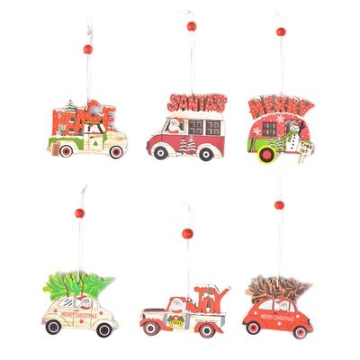 China Bus Shape 3pcs Per Set Wooden Christmas Car Hanging Creative Christmas Tree Ornaments Xmas Scene Layout Decoration Laser Cut for sale