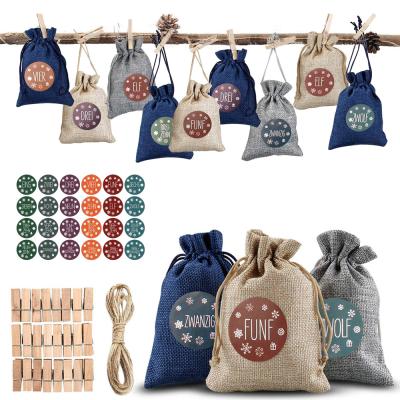 China Christmas Gifts 1-24 Christmas Advent Calendar Bag Linen Candy Bag Christmas Gift Bags with Clip Stickers for sale