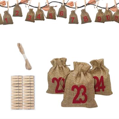 China Christmas Gifts 1-24 Christmas Advent Calendar Bag Linen Candy Bag Christmas Gift Bags with Clip Felt Numbers Christmas Decoration Bags for sale