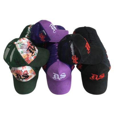 China Custom 3D Embroidery Suede Mesh Caps Hats Adjustable Curve Brim JOINT Suede Trucker Hat for sale