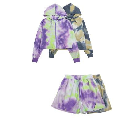 China QUICK DRY hot sale waffle fabric tie dye shorts and cropped hoodies tops sets women's clothing two-piece fashion for sale