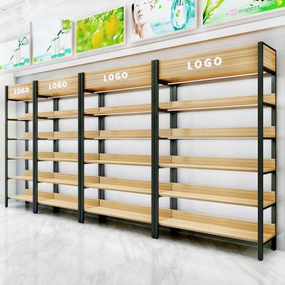 China Single-Sided Popular Pharmacy Retail Store Classic Wood and Metal Bazaar Display Estanteria Supermarket Shelves for sale