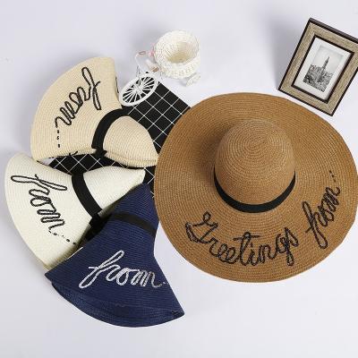 China Image Embroidered SUN SHADE Beach Grass Protective Foldable LUXURY FLDABLE Peru Straw Beach Hats Purple SOFT Straw Hats for sale