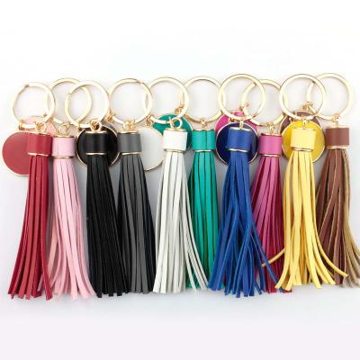 China Leather Round Tassel Carabiner Key Chain Single Disc Monogram White Enamel White Enamel Key Chain For Women Bag Charm for sale