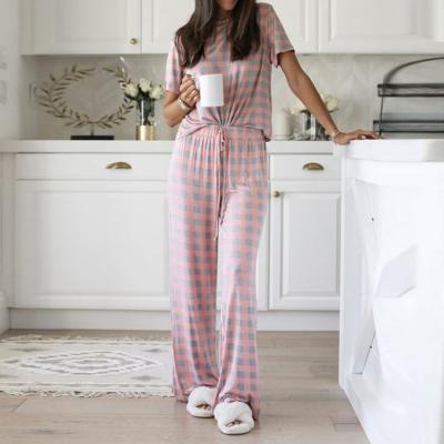 China QUICK DRY Grid Gray Star Printed Blue 2 Piece Women Pajamas Set Sleepwear Female Loungewear Custom Made Sets Nightgowns for sale