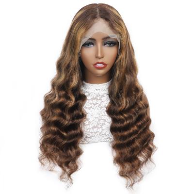 China Natrual Soft Smooth Thick Shedding Black Blonde Highlights Pre Plucked Curly Lace Front Raw Virgin Human Hair Deep Wave HD Transparent Wigs Mix Color Wig for sale