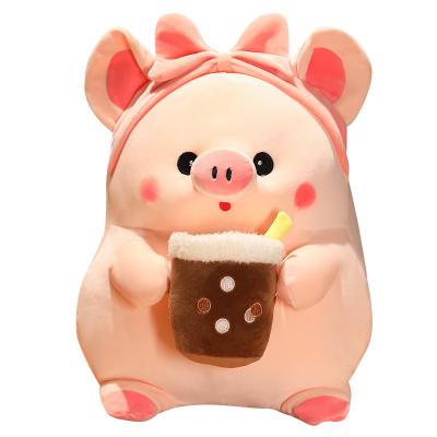 China Lovely Gift New Soft Cute Milk Tea Hugging Toy Plush Pig Cup Pig Plush Pillow Wholesale Soft Toy Pink Pig Plush Pillow Boba for sale