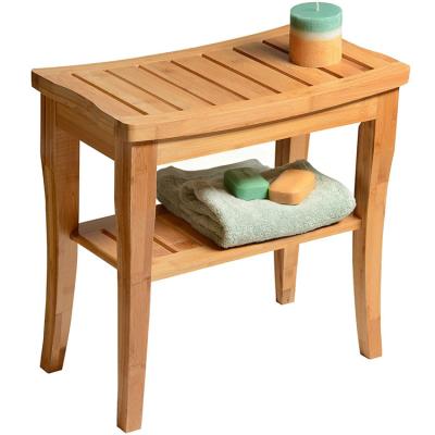 China Sustainable Bamboo Shower Bench With Shelf - 2-Tier Wooden Bamboo Shower Bench Bathroom for sale