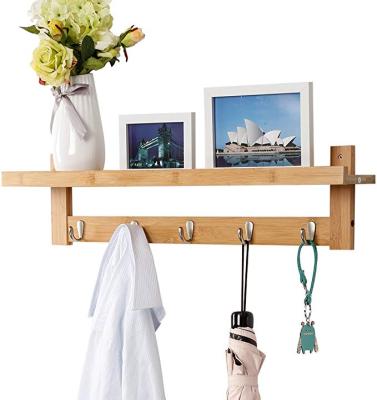 China Sustainable wall mounted bamboo coat hook with 5 metal hooks and top shelf for storage for sale