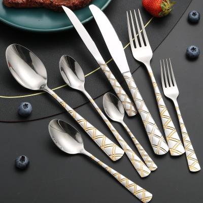 China Sustainable Stocked 201 Gold Plated Spoon And Fork Knife Set Stainless Steel Flatware Sets for sale