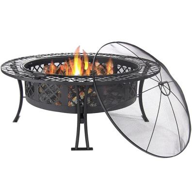 China New Stocked Diamond Weave Design Round Black Fire Pit With Spark Screen Garden Fire Pits for sale