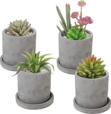 China American Style 4 Inch Gray Concrete Planter Unglazed, Cylindrical Cactus Herb Succulent Planter Pots With Removable Drainage Trays for sale