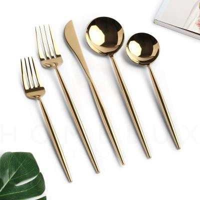 China Viable High Quality Royal Mirror Polished Gold 410 Stainless Steel Knife Fork Spoon Set 20pcs Portuguese Cutlery Set For Wedding for sale