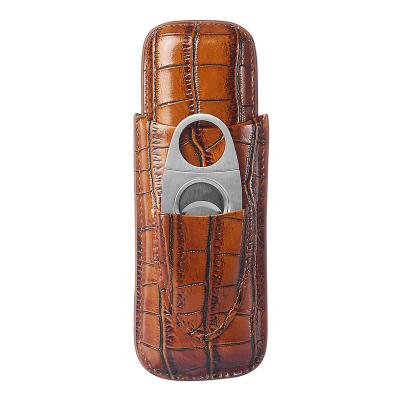 China Portable Size 2 Fingers Brown Travel PU Leather Mini Cigar Humidor Case With Stainless Steel Cutter For Women for sale