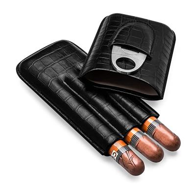 China Portable Size 3-Finger Premium Brown Leather Cedar Wood Lined Cigar Case Humidor With Silver Stainless Steel Cutter For Travel for sale