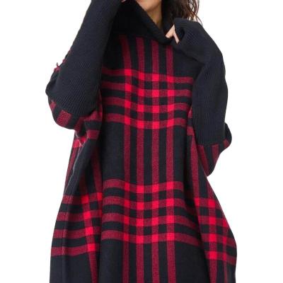 China High neck poncho anti-pilling ladies loose knit poncho women over sized sweater roll neck tartan poncho for sale