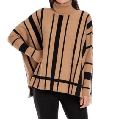 China Winter ladies anti-pilling a loose waist high neck poncho knit camel stripe women poncho sweater for sale