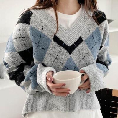 China 2023 Women's Clothing Custom Made Jacquard Anti-pilling Argyle Jumper Cropped Pullover V-Neck Sweater for sale