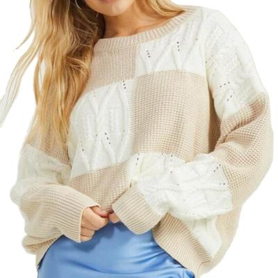 China Anti-Wrinkle Women's Lantern Sleeve Cropped Pullover Crewneck Ladies Sweater Tops Custom Knitted Jumper Colorblock Sweater for sale