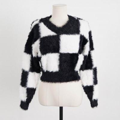 China Cropped Anti-wrinkle Women's Sweater Ladies Sweater Tops Custom Knitted Jumper Color Blocking Pullover Pullover for sale