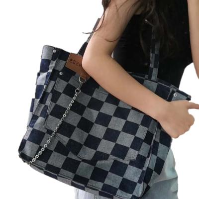 China PORTABLE Fashion Trending Dark Blue Denim Plaid Shoulder Bag Retro Large Capacity Tote Bag For Women for sale