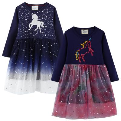 China 2021 Winter Washable Girls Clothes Unicorn Cotton Dress Gradient Tulle Cartoon Kids Casual Dress for sale