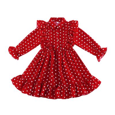 China Korean Style Wave Stitch Red Girl Dress Kids Washable Fashion Long Sleeve Casual Dress for sale