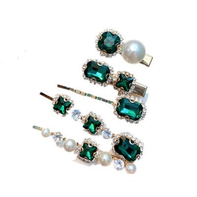 China Luxury Imitation Diamond Pearl Hair Accessory Women Emerald Rhinestone Hairpin Hair Clips Smart Casual Fashion Set for sale