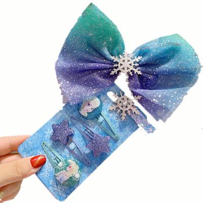 China Fashion Kids Cartoon Snowflake Smart Casual Blue Hair Bow Hair Accessories Ring Princess Hairband Hair Clips Set For Girl for sale