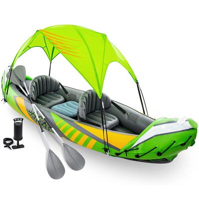 China Custom PVC 2 person adult inflatable kayak with tent, paddle, seat and pump for recreational touring, portable tandem kayak for sale