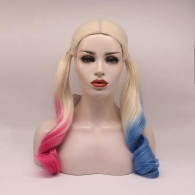 China Regular Wave UniWigs Harley Quinn Synthetic Wig Mixed Color Comic Long Blue and Pink Ombre Wavy Wig for sale