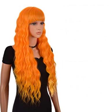 China Orange Afro Wave Wig With Bangs Long Curly Wavy Wigs For Women Synthetic Colored Wigs For Daily Party LC0162 for sale