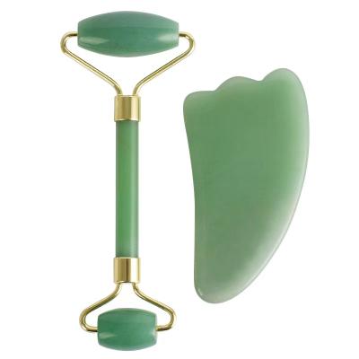 China Green Aventurine Anti Aging Face Lift Anti Wrinkle Skin Rejuvenate Tools Jade Stone Facial Massage Roller With Gusha Set For Face Care for sale