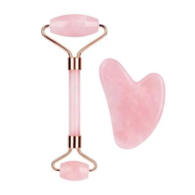 China High Quality Hand Held Face Lift Double Head Jade Roller Heart Shaped Guasha Set Pink Rose Quartz Jade Roller Face Massage With Box for sale