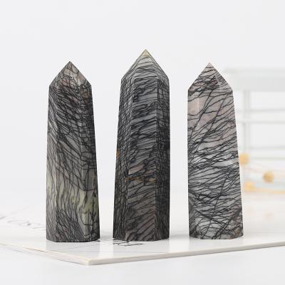 China Feng Shui Wholesale Natural Gemstones Polished Netting Black Healing Stone Crystal Points for Valentine's Day and Home Decorations for sale