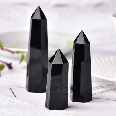 China Feng Shui Natural Rock Obsidian Hexagonal Crystal Point Mineral Ornament Healing Wand Column Feng Shui Decor DIY Gift Home Decoration for sale