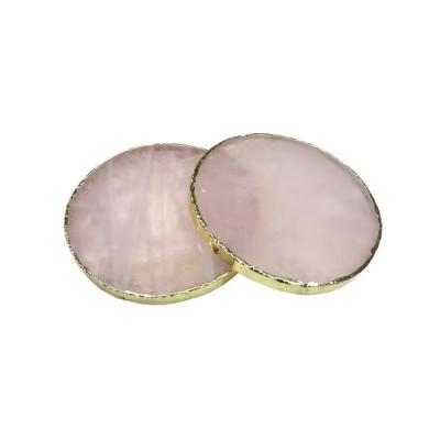 China Round Shape Rose Occasional Crystal Rose Quartz Coffee Mug Coaster And Serving Tray Coaster Set With Gold Trims Around The Edge for sale