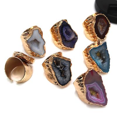 China Resizable Vintage Style Jewelry Gold Plated Natural Druzy Agate Crystal Quartz Stone Geode Cluster Ring For Gift for sale