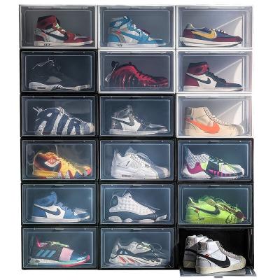 China Minimalist Plastic Transparent Magnetic Shoe Storage Box Stackable Side Opening Shoe Rack Containers for sale