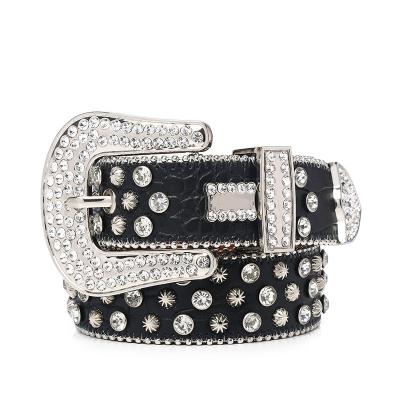 China Fashion Amazon Rhinestone Belt Women Rhinestone Leather Belt Fashion Crystal Bling Studded Western Design bb simond leather belt for sale