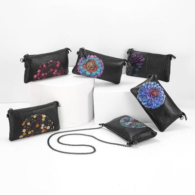 China First Layer Fashion Cowhide Leather Flowers Hand Painting Genuine Leather Ladies Long Wallet Women's Cross - Body Bag Clips Girls Wallet for sale