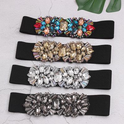 China Shiny Crystal Buckle Cummerbund Wide Elastic Full Leather Belt Crystal Buckle Cummerbund Wide Elastic Amazon Rhinestone Belt Women Party Shiny Belt for sale