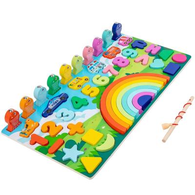 China Develop Kids Intelligence Rainbow Block Puzzle Board Shape Vehicle Wooden Sorter Math Learning Game Montessori Play Magnetic Fishing Game For Kids 3 Years Old for sale